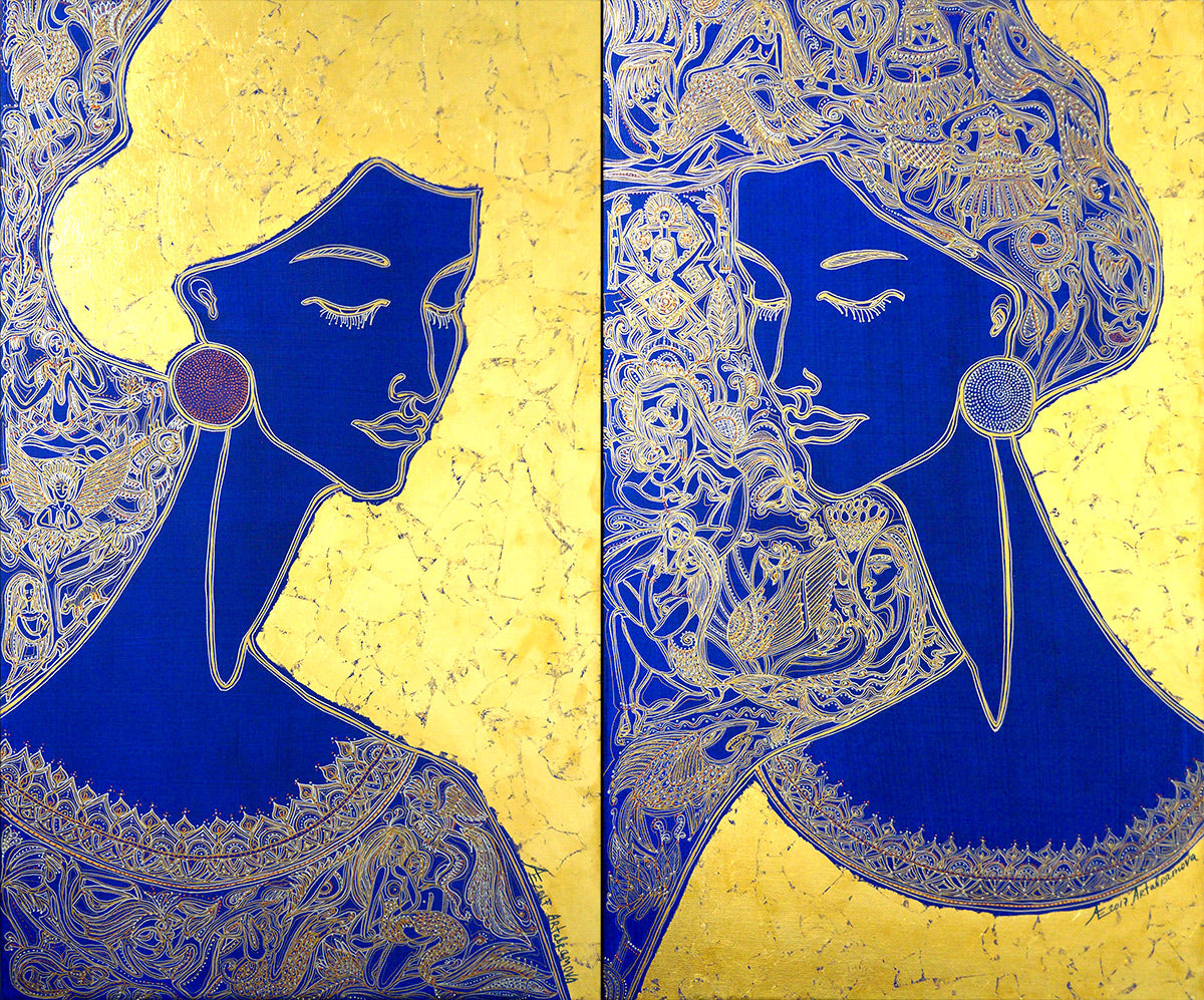 The Rising moon - Gold and Blue painting For Art with Us Gallery