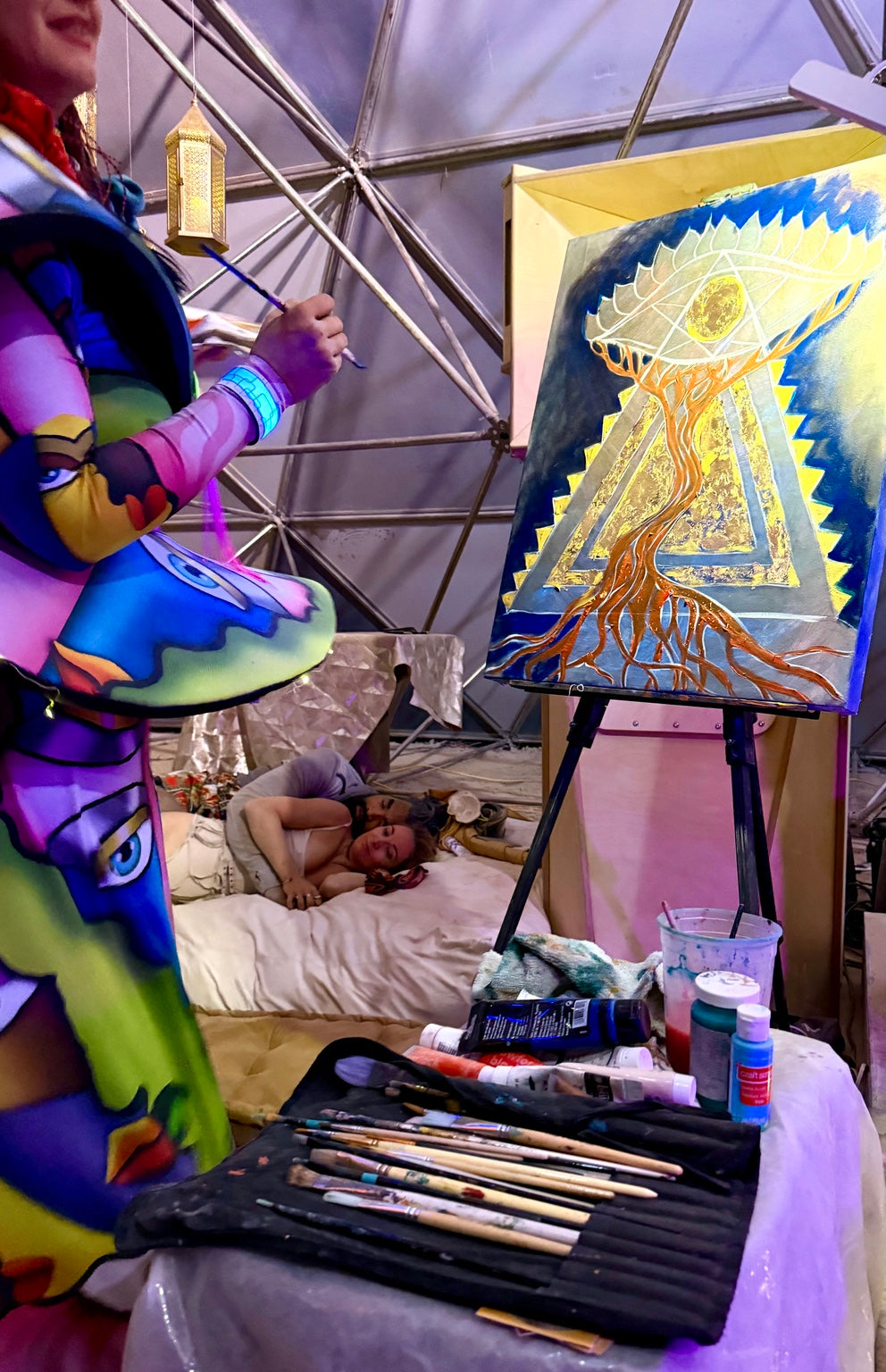 The Eye of Becoming in progress with gold leaf and artist materials