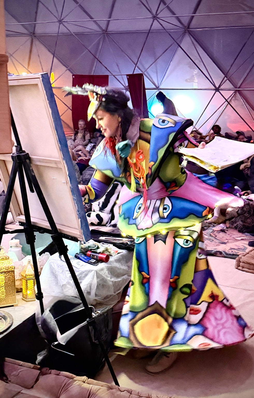 Gamayuna painting live inside the Playa Alchemist Bazaar dome