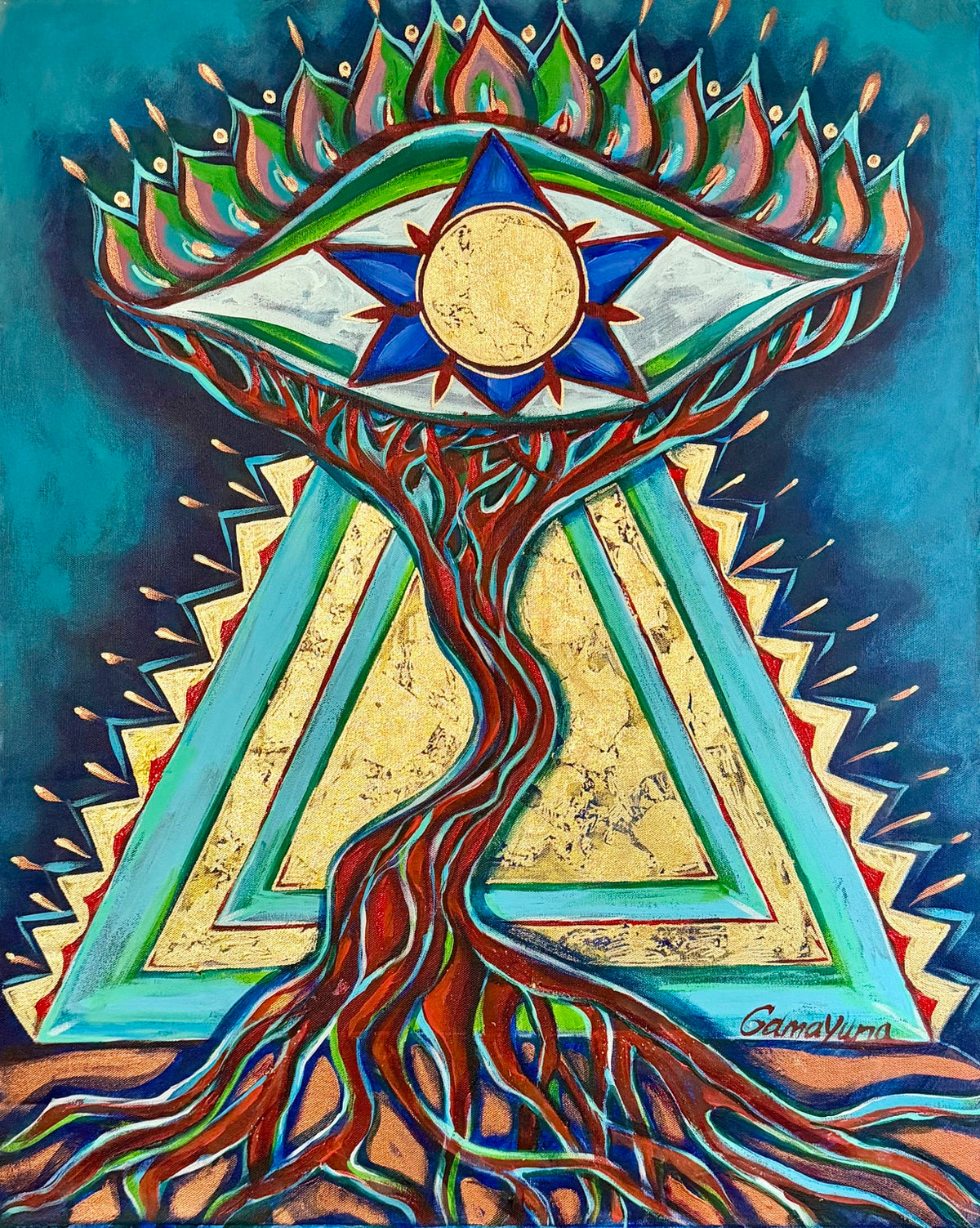 The Eye of Becoming by Gamayuna, acrylic and gold leaf on canvas, 2026