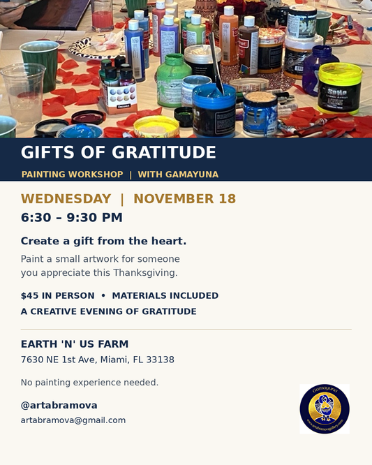 Gifts of Gratitude workshop flyer with paints and brushes