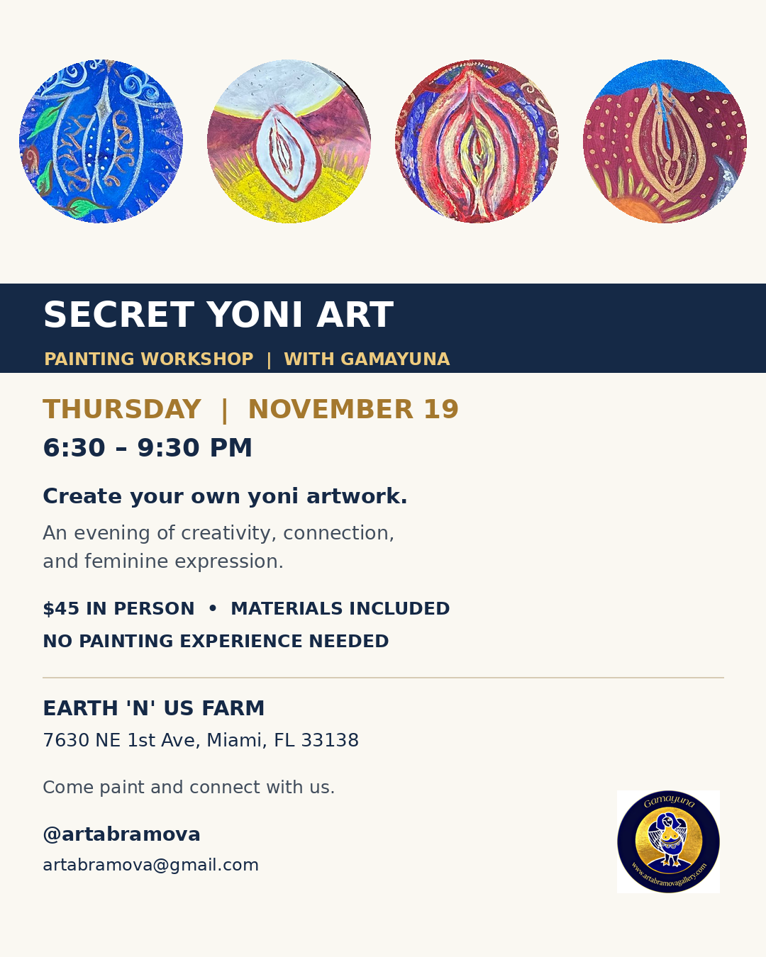 Secret Yoni Art workshop flyer with colorful artwork