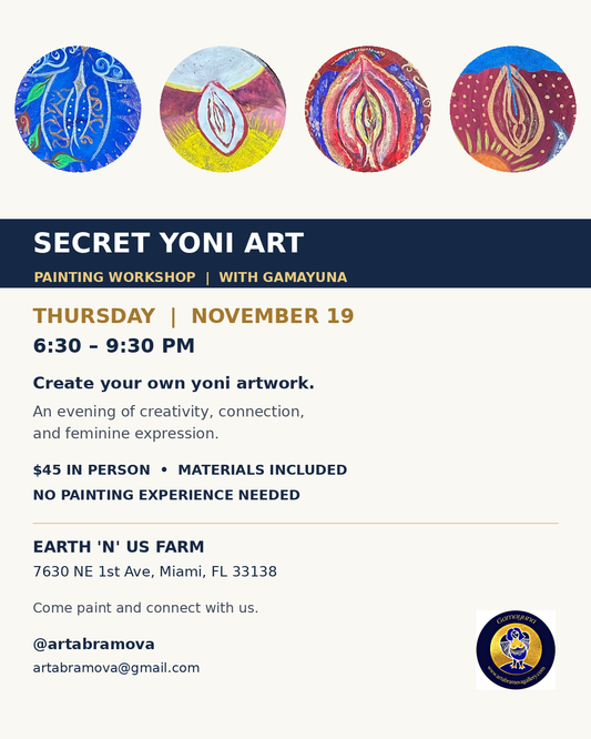 Secret Yoni Art workshop flyer with colorful artwork