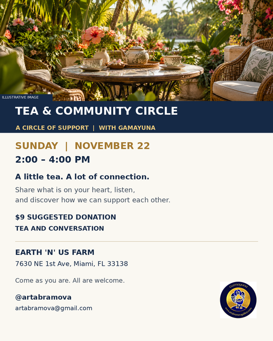 Tea and Community Circle flyer with an illustrative sunny garden tea scene