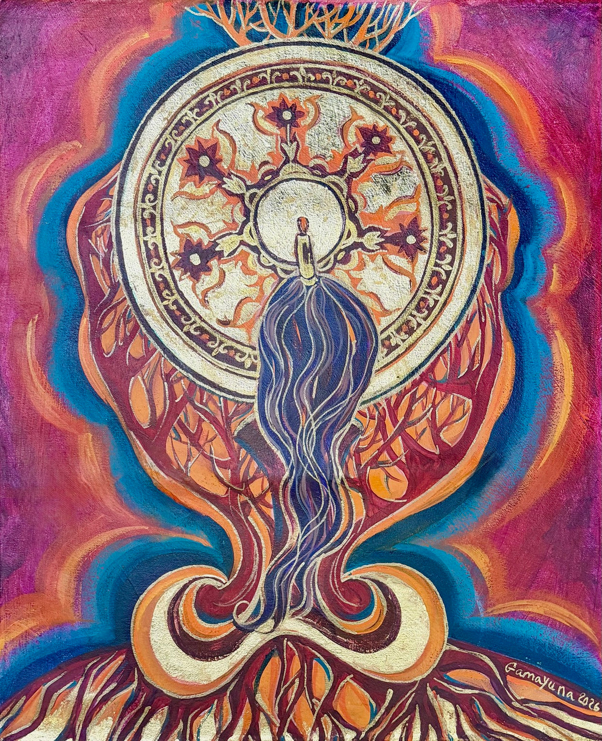 Tengri’s Golden Tree by Gamayuna, acrylic and gold leaf on canvas, 2026